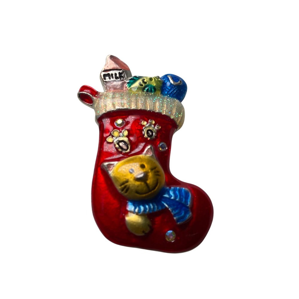 Vintage AJMC Christmas Stocking Kitten Cat Enamel Rhinestone Brooch Pin Holiday